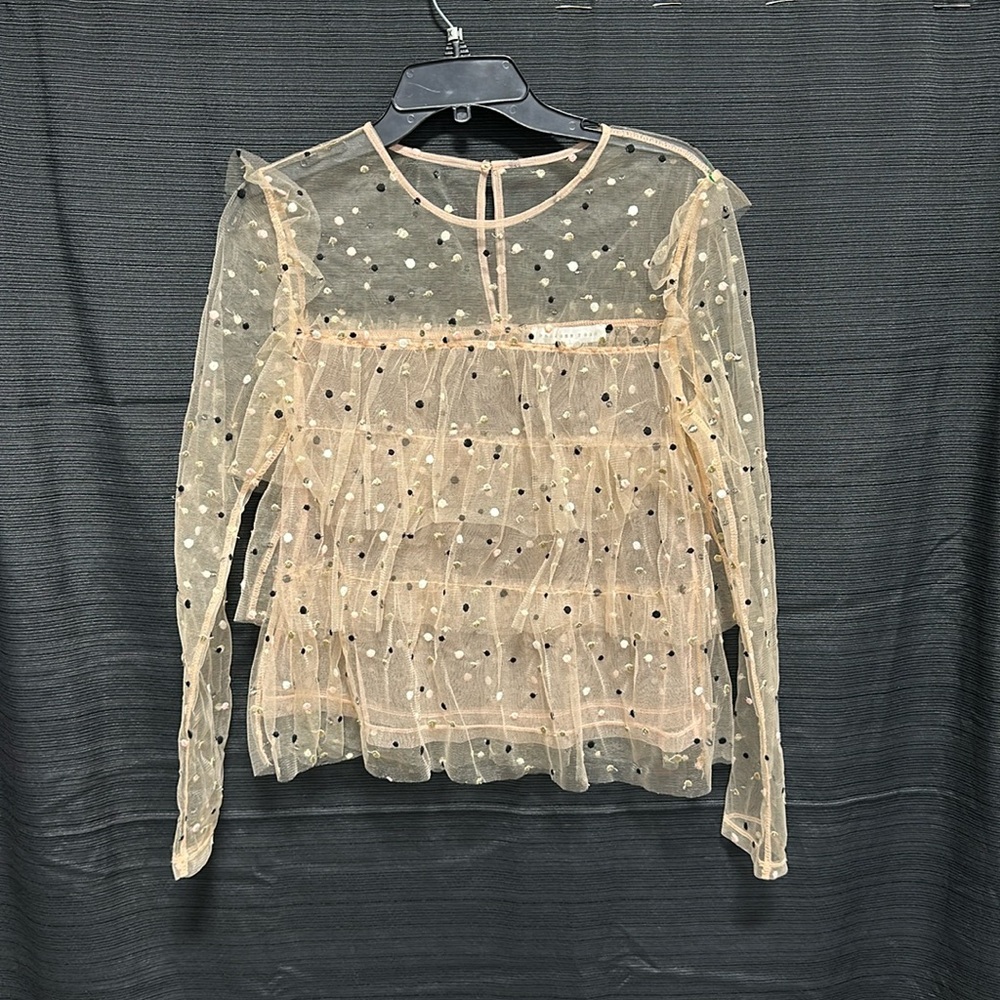 Endless rose‎ women’s rose pink mesh ruffle polka dot top SizeS